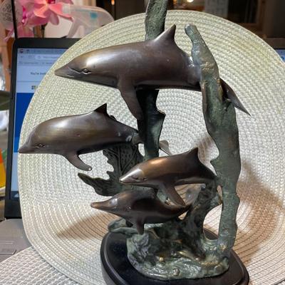 Vintage Mid-Century Bronze 4-Dolphins Figurines 10" Tall in Good Preowned Condition from an Estate. Back Side of the Base has a few...