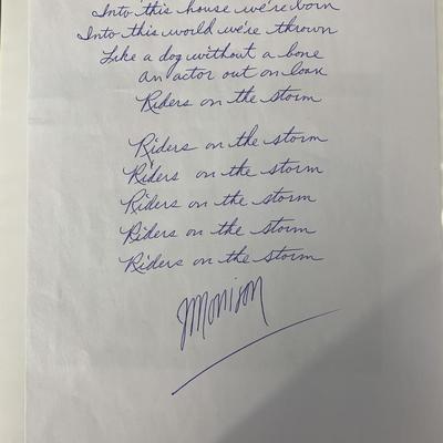 The Doors Jim Morrison Riders On The Storm handwritten and signed lyrics. GFA authenticated