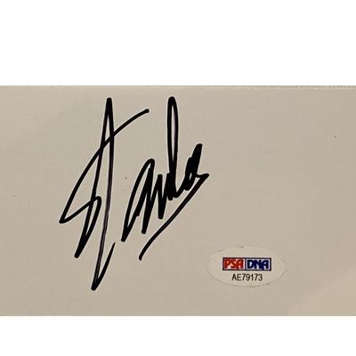 Comic legend Stan Lee original signature and cartoon photo. PSA / DNA