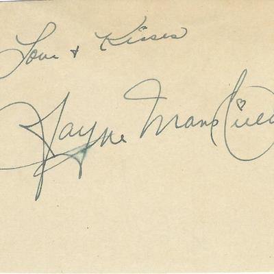 Jayne Mansfield signed cut. GFA Authenticated