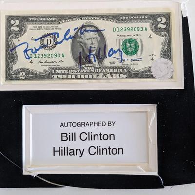 Bill Clinton and Hillary Clinton Signed Two Dollar Bill. GFA Authenticated
