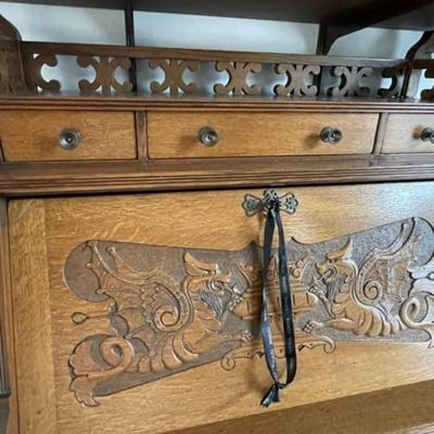 Vintage MID-CENTURY Carved OAK Secretary Desk in VG Preowned Condition. Local Pickup Only.