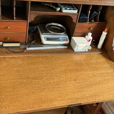 Vintage MID-CENTURY Carved OAK Secretary Desk in VG Preowned Condition. Local Pickup Only.