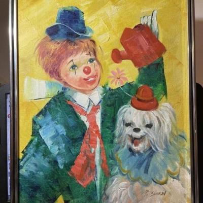 Vintage P. Sharon Oil Painting on Canvas *CHILD-CLOWN w/PUPPY-DOG* Frame Size 12" x 16.5" in VG Preowned Condition.