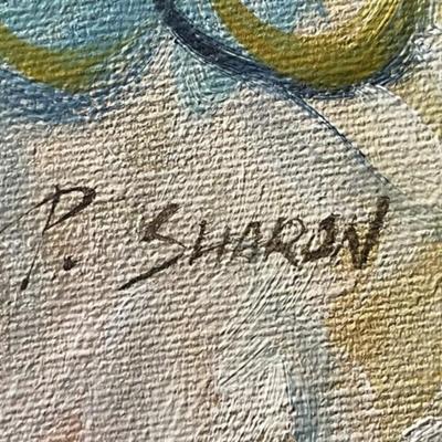 Vintage P. Sharon Oil Painting on Canvas *CHILD-CLOWN w/PUPPY-DOG* Frame Size 12" x 16.5" in VG Preowned Condition.