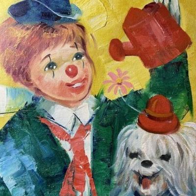 Vintage P. Sharon Oil Painting on Canvas *CHILD-CLOWN w/PUPPY-DOG* Frame Size 12" x 16.5" in VG Preowned Condition.