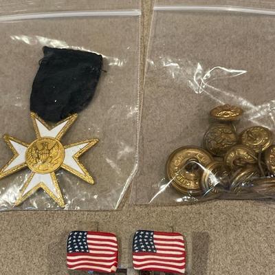 Military medal, buttons and flag clip ons