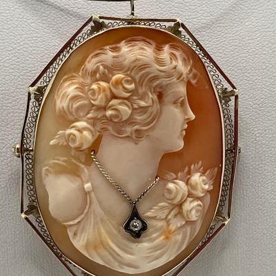 LOT 59: Antique White Gold Oval Cameo & Diamond Pendant/Brooch - 14k. Clasp on Wire Choker 925