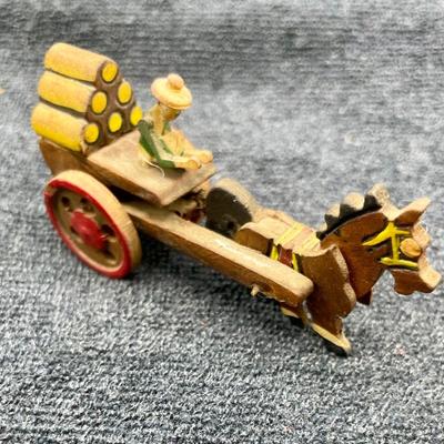 Pair of Vintage Painted Wood Horse and Cart Miniatures