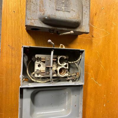 Salvaged vintage metal fuse box, electrical box, Assemblage altered art supplies, rusty junk box, old Murray fuse box, breaker box, lot of 2