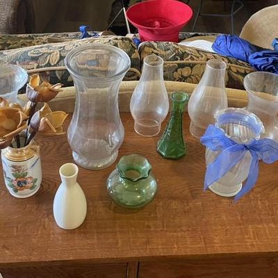 GLASS AND CERAMIC VASES PLUS 2 HURRICANES