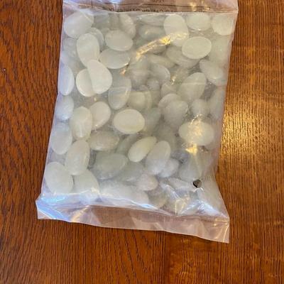 GLASS VASES, METAL FROG, 1 HURRICANE AND A BAG OF DECORATIVE ROCKS