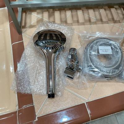 METAL 2 TIER SHELF, SHOWER CADDY AND A SHOWER WAND