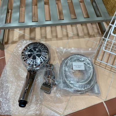 METAL 2 TIER SHELF, SHOWER CADDY AND A SHOWER WAND