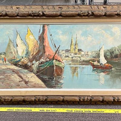 Large Oil Painting Sail Boats Carved Wood Frame signed Sezzio