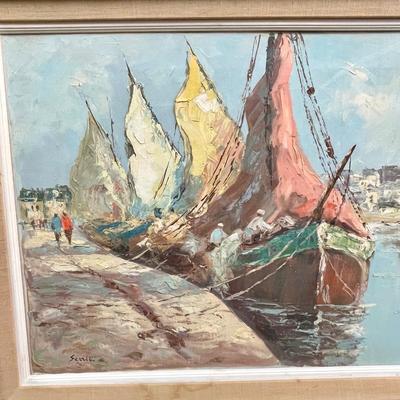 Large Oil Painting Sail Boats Carved Wood Frame signed Sezzio