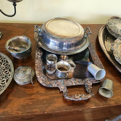 Large Mix Lot of Silverplate Pewter Trays Platters Pitcher Bucket & more