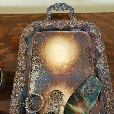 Large Mix Lot of Silverplate Pewter Trays Platters Pitcher Bucket & more