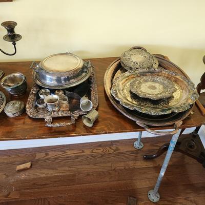 Large Mix Lot of Silverplate Pewter Trays Platters Pitcher Bucket & more