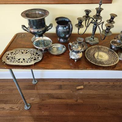 Large Mix Lot of Silverplate Pewter Trays Platters Pitcher Bucket & more