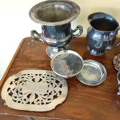 Large Mix Lot of Silverplate Pewter Trays Platters Pitcher Bucket & more