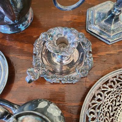 Large Mix Lot of Silverplate Pewter Trays Platters Pitcher Bucket & more