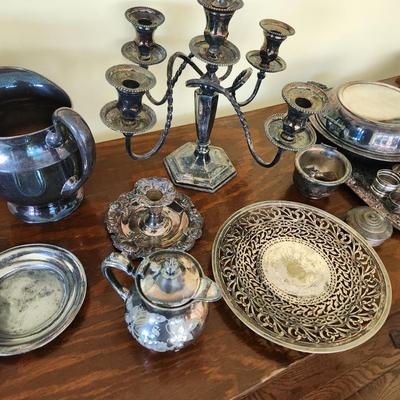 Large Mix Lot of Silverplate Pewter Trays Platters Pitcher Bucket & more