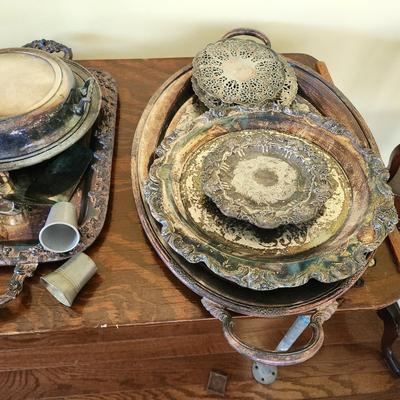 Large Mix Lot of Silverplate Pewter Trays Platters Pitcher Bucket & more