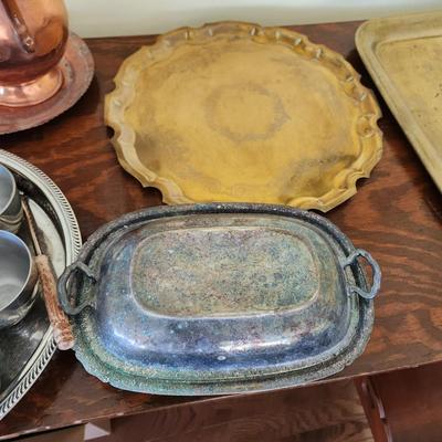 Large Mix Lot of Silverplate Kirk Stieff Somerset Pewter Brass Trays Cups Teapot