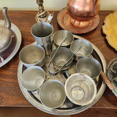 Large Mix Lot of Silverplate Kirk Stieff Somerset Pewter Brass Trays Cups Teapot