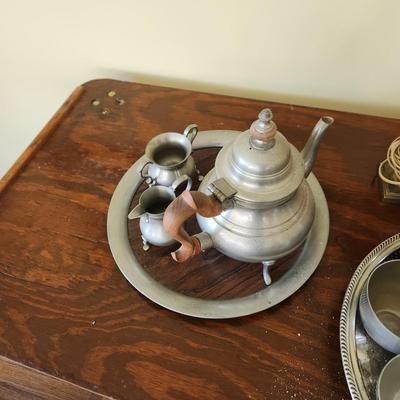 Large Mix Lot of Silverplate Kirk Stieff Somerset Pewter Brass Trays Cups Teapot