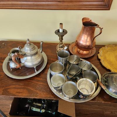 Large Mix Lot of Silverplate Kirk Stieff Somerset Pewter Brass Trays Cups Teapot