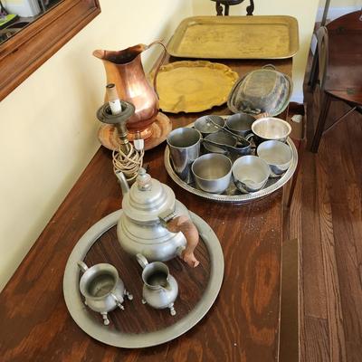Large Mix Lot of Silverplate Kirk Stieff Somerset Pewter Brass Trays Cups Teapot