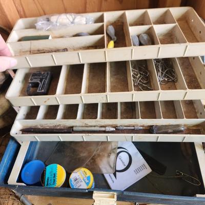Large Fishing Lot Tackle Box Rods Reels Net Bait Bucket
