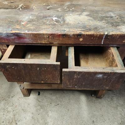 Vintage Large Workshop Wood Beach w 2 Bench Vises