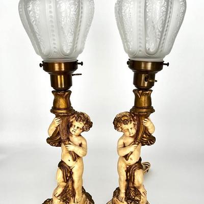 Set of 2 Vintage Art Deco Cherub Lamps