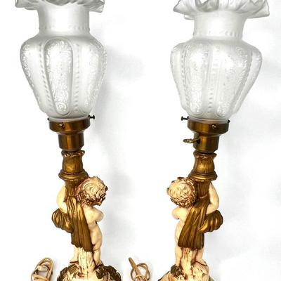 Set of 2 Vintage Art Deco Cherub Lamps