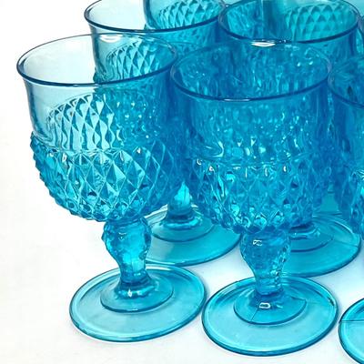 Set of 12 Vintage Blue Diamond Point Indiana Glass Goblets