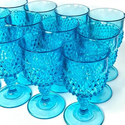 Set of 12 Vintage Blue Diamond Point Indiana Glass Goblets