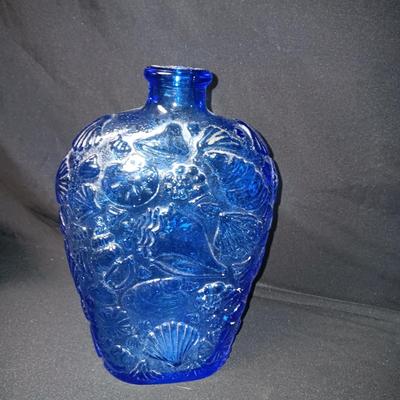 2 BLUE GLASS BOTTLES AND A CANDY DISH