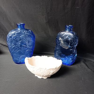 2 BLUE GLASS BOTTLES AND A CANDY DISH