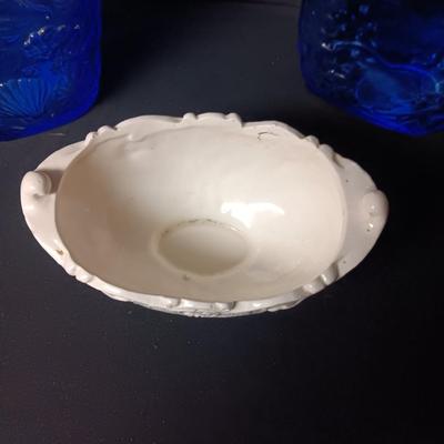 2 BLUE GLASS BOTTLES AND A CANDY DISH