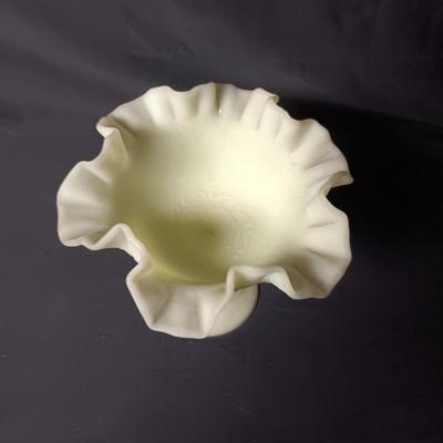 FENTON STEMMED DISH, ROUND VASE AND TIN