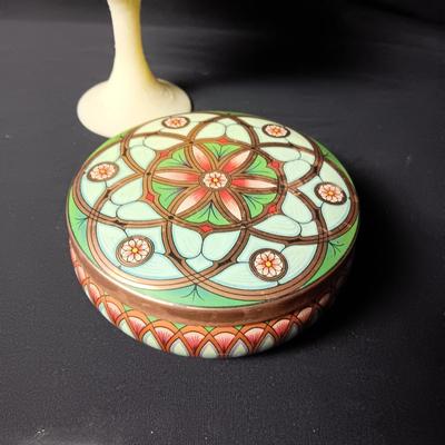 FENTON STEMMED DISH, ROUND VASE AND TIN