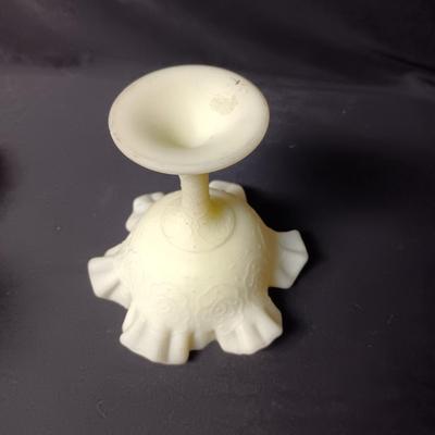 FENTON STEMMED DISH, ROUND VASE AND TIN