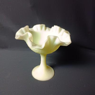 FENTON STEMMED DISH, ROUND VASE AND TIN