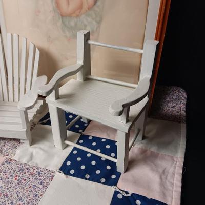 2 DOLL CHAIRS,HANDMADE BABY QUILT AND A PICTURE OF A HAPPY BABY
