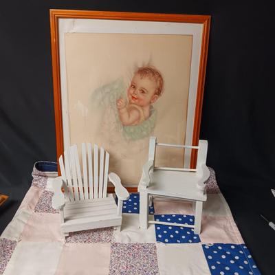 2 DOLL CHAIRS,HANDMADE BABY QUILT AND A PICTURE OF A HAPPY BABY