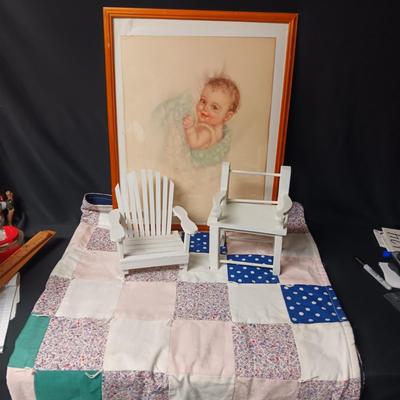 2 DOLL CHAIRS,HANDMADE BABY QUILT AND A PICTURE OF A HAPPY BABY