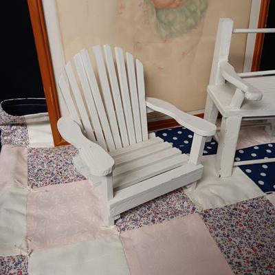 2 DOLL CHAIRS,HANDMADE BABY QUILT AND A PICTURE OF A HAPPY BABY